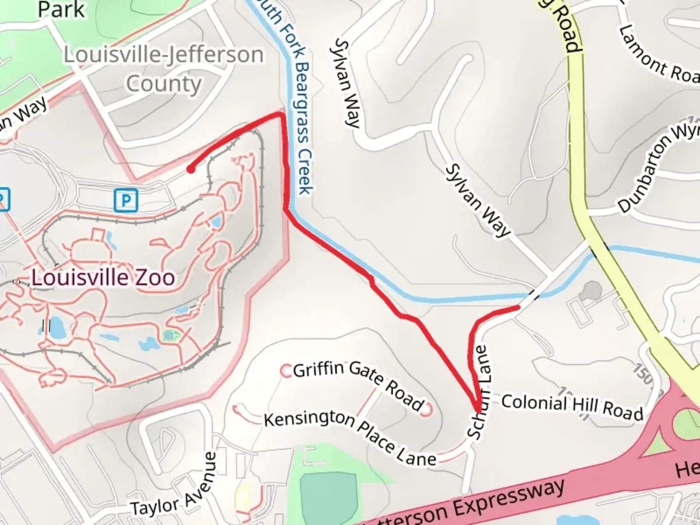 An image depicting the trail Walk beside South Fork Beargrass Creek and its surrounding area.