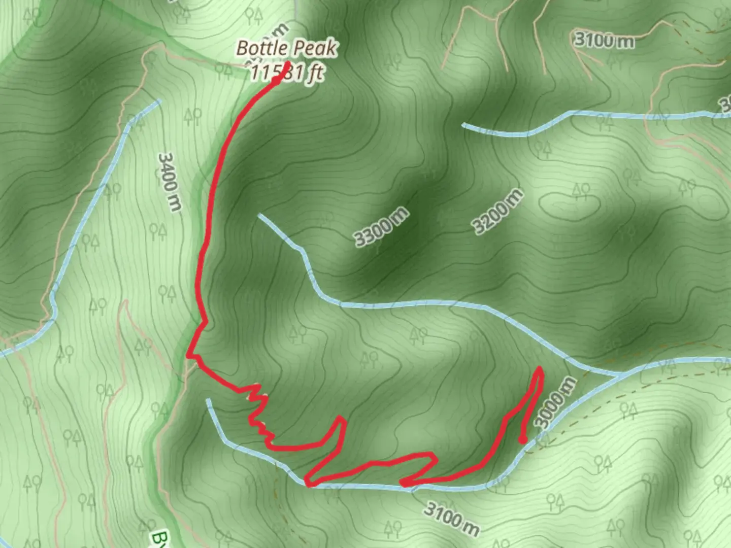 An image depicting the trail Bottle Peak via Bottle Pass Trail and its surrounding area.
