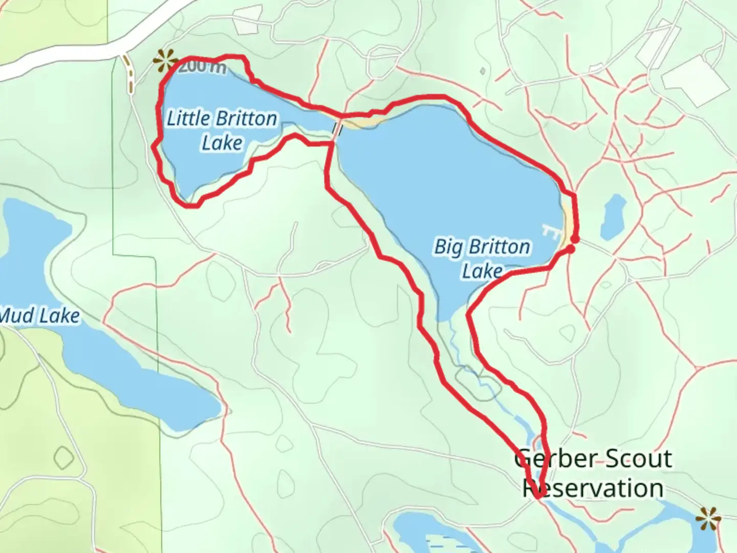 An image depicting the trail Big and Little Britton Lake Loop via Gerber Red Trail and its surrounding area.
