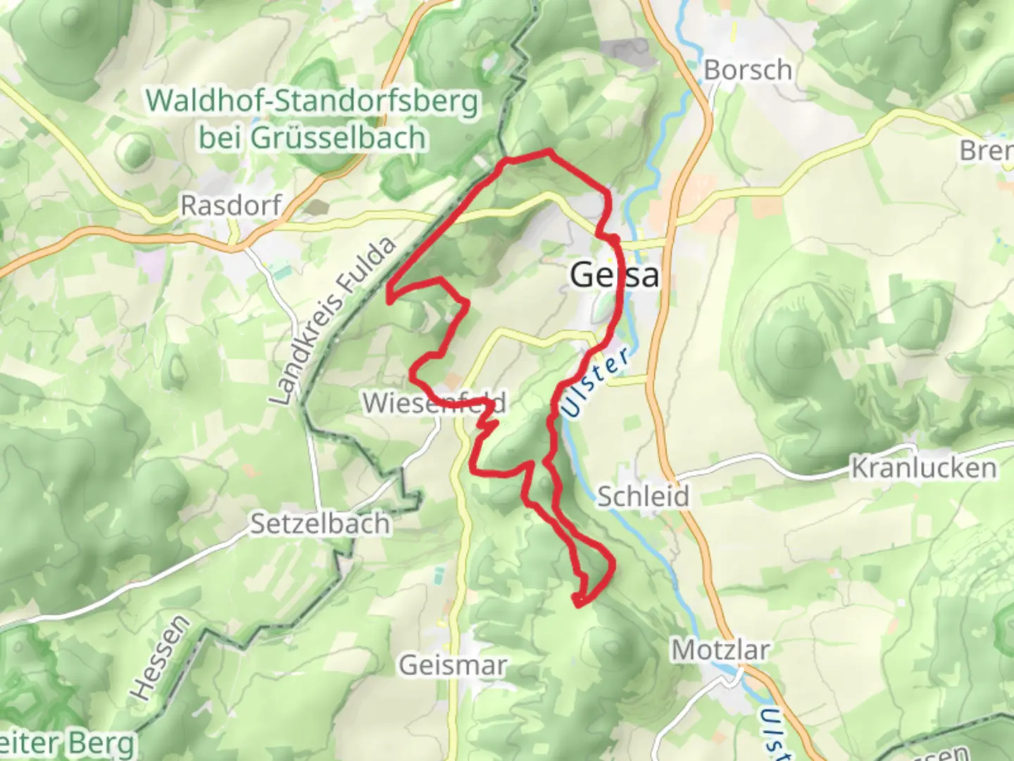 An image depicting the trail Am Siebenborn and Kreuz der Geiseraemter via Geisweg and its surrounding area.