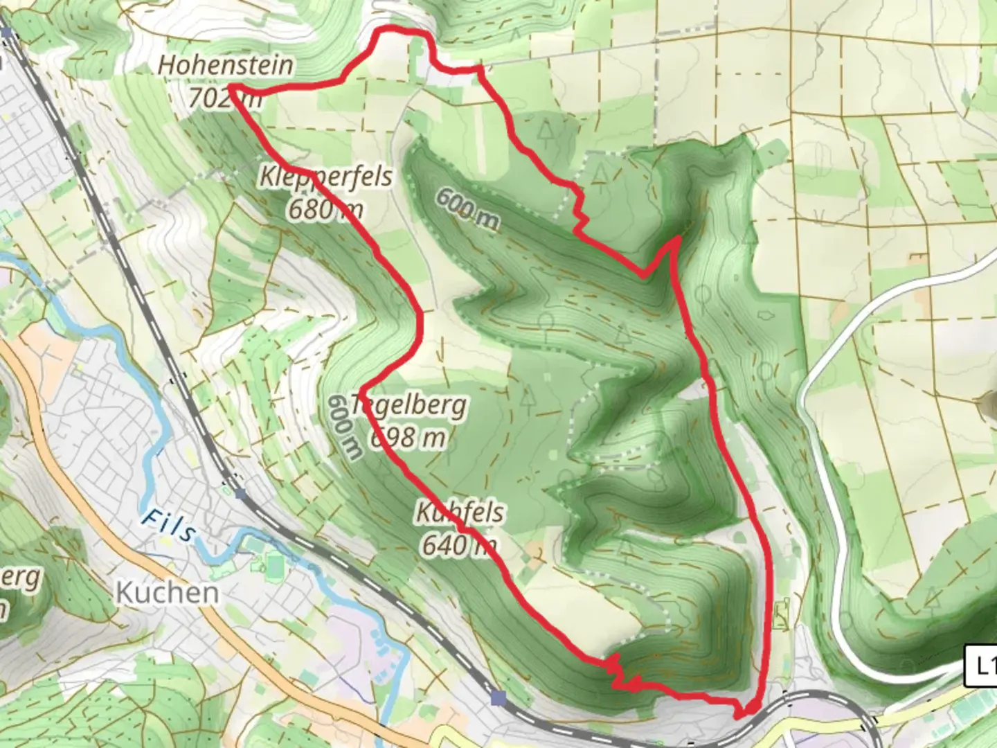 An image depicting the trail Kuhfels, Klepperfels and Hohenstein Loop via Geislingen Kuchalb and its surrounding area.