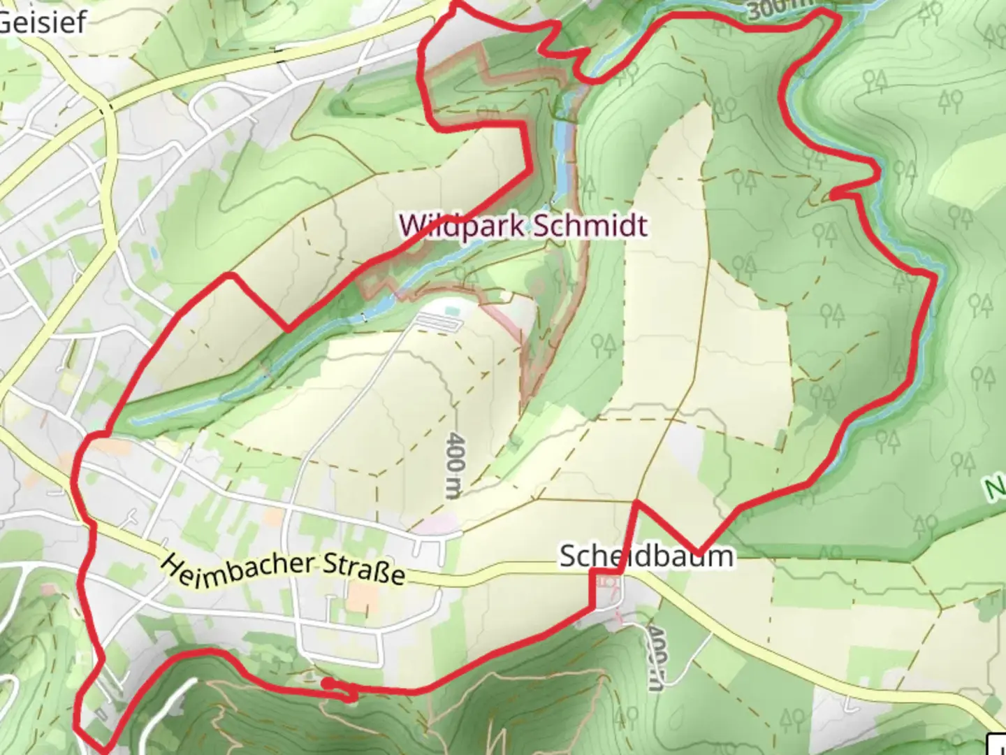 An image depicting the trail Scheidbaum and Wildpark Schmidt Loop and its surrounding area.