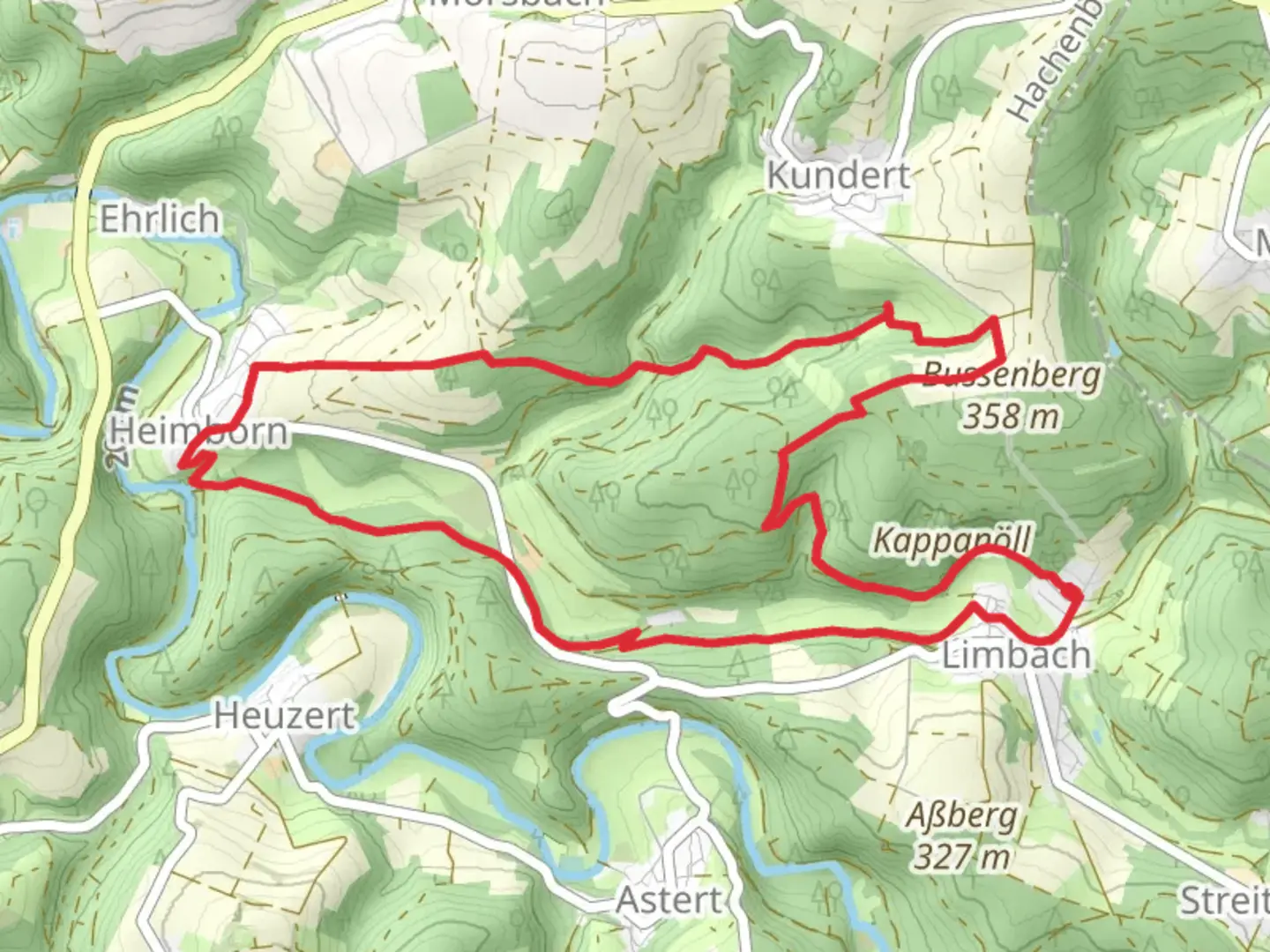 An image depicting the trail Limbach to Heimborn Loop via Bussenberg and its surrounding area.