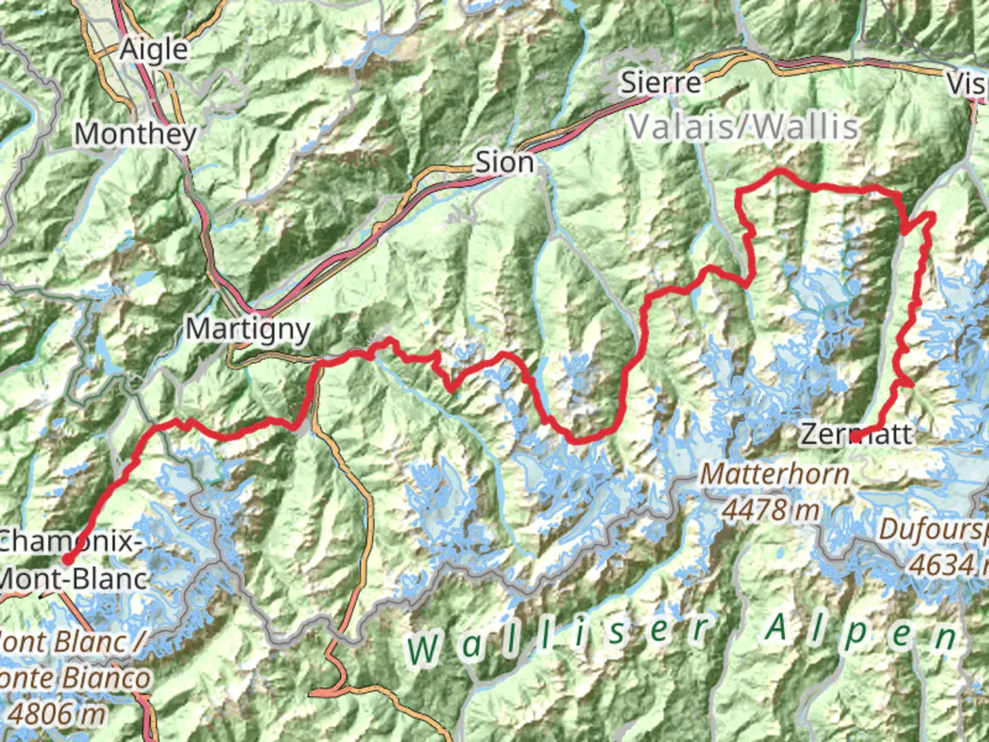 An image depicting the trail Chamonix to Zermatt - Haute Route and its surrounding area.