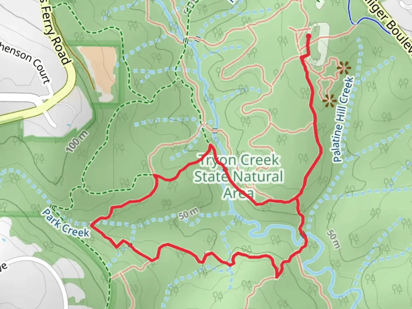An image depicting the trail Tryon Creek State Nature Area Loop and its surrounding area.