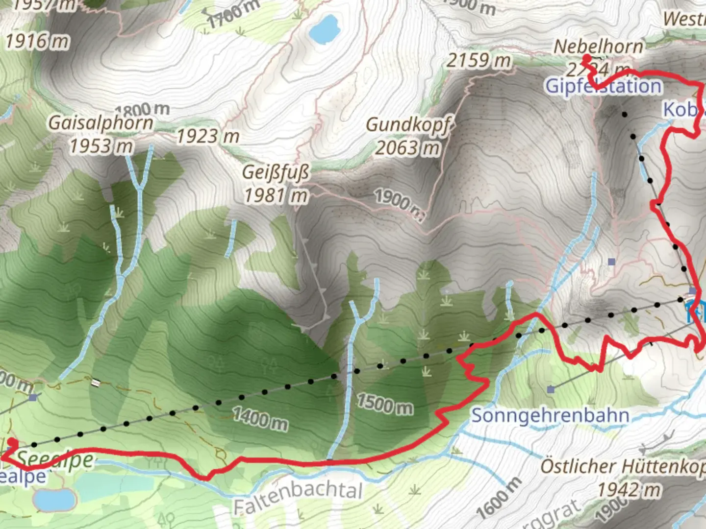 An image depicting the trail Whs to Vordere Seealpe Via Alpina Purple and its surrounding area.