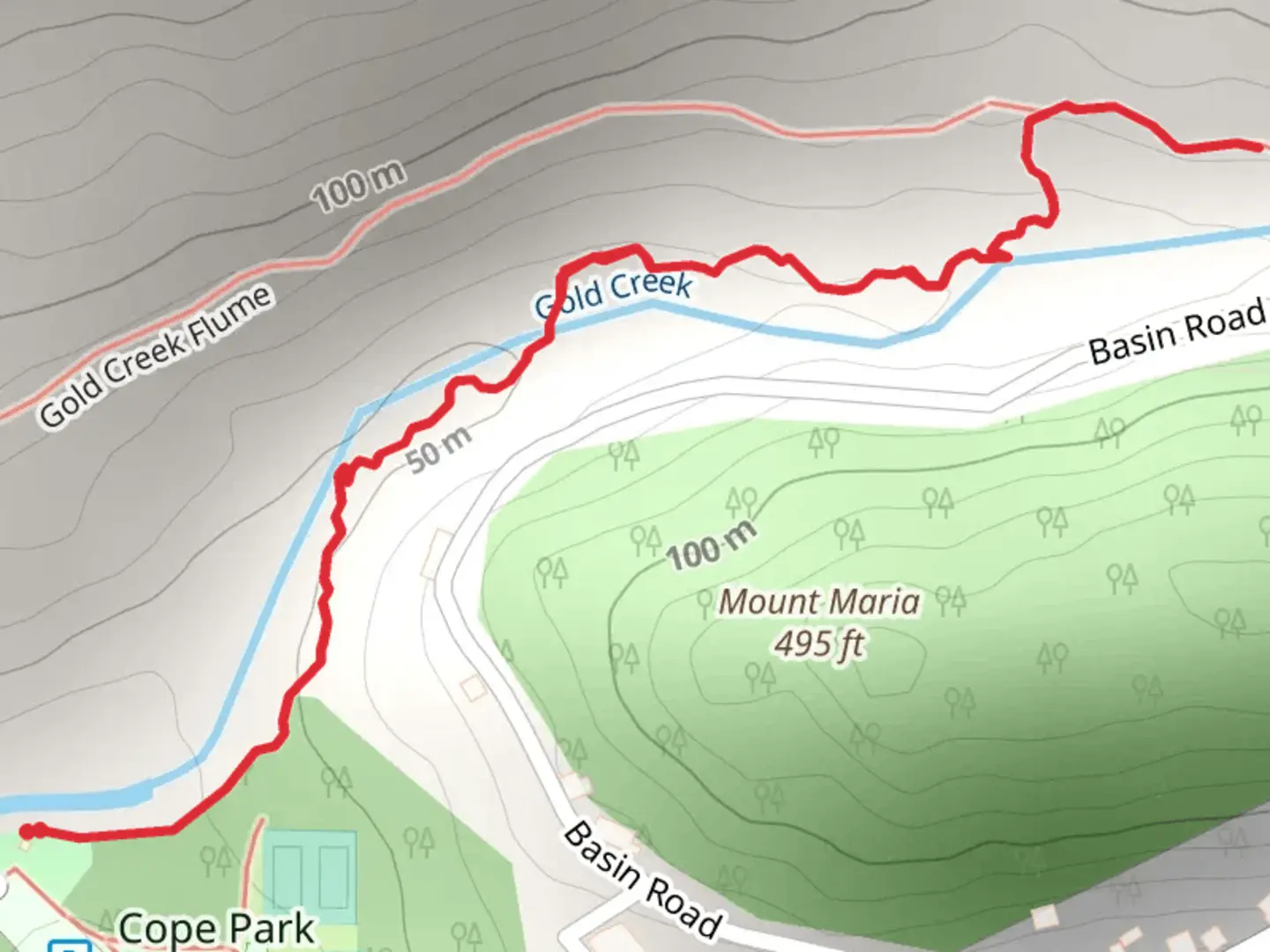 An image depicting the trail Cope Park Road and its surrounding area.
