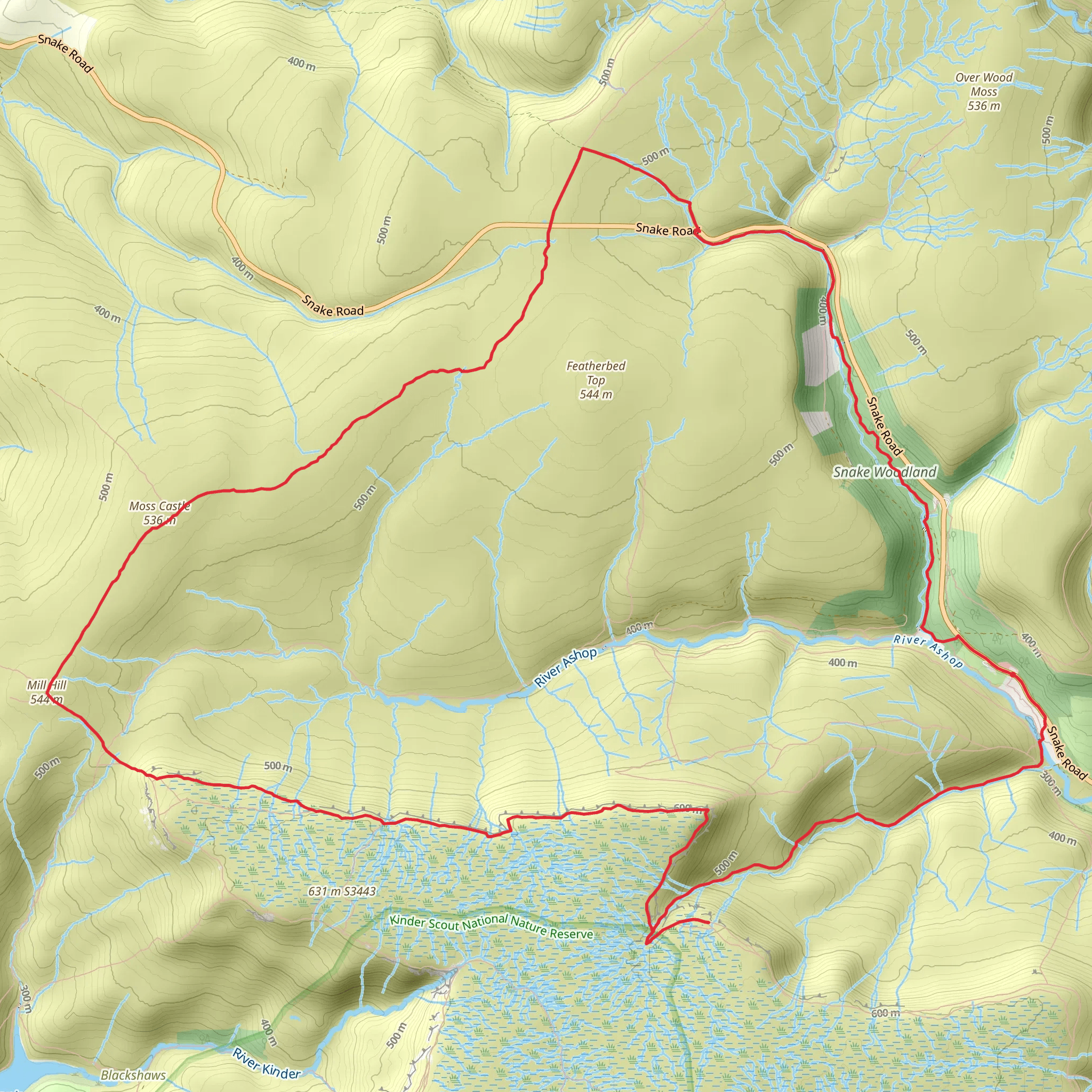 Snake Woodland, Mill Hill, Moss Castle and Snake Pass Loop mobile static map