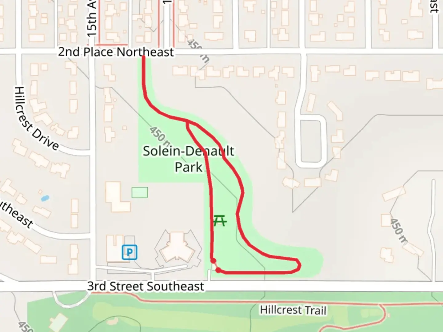 An image depicting the trail Solein Denault Park Loop and its surrounding area.