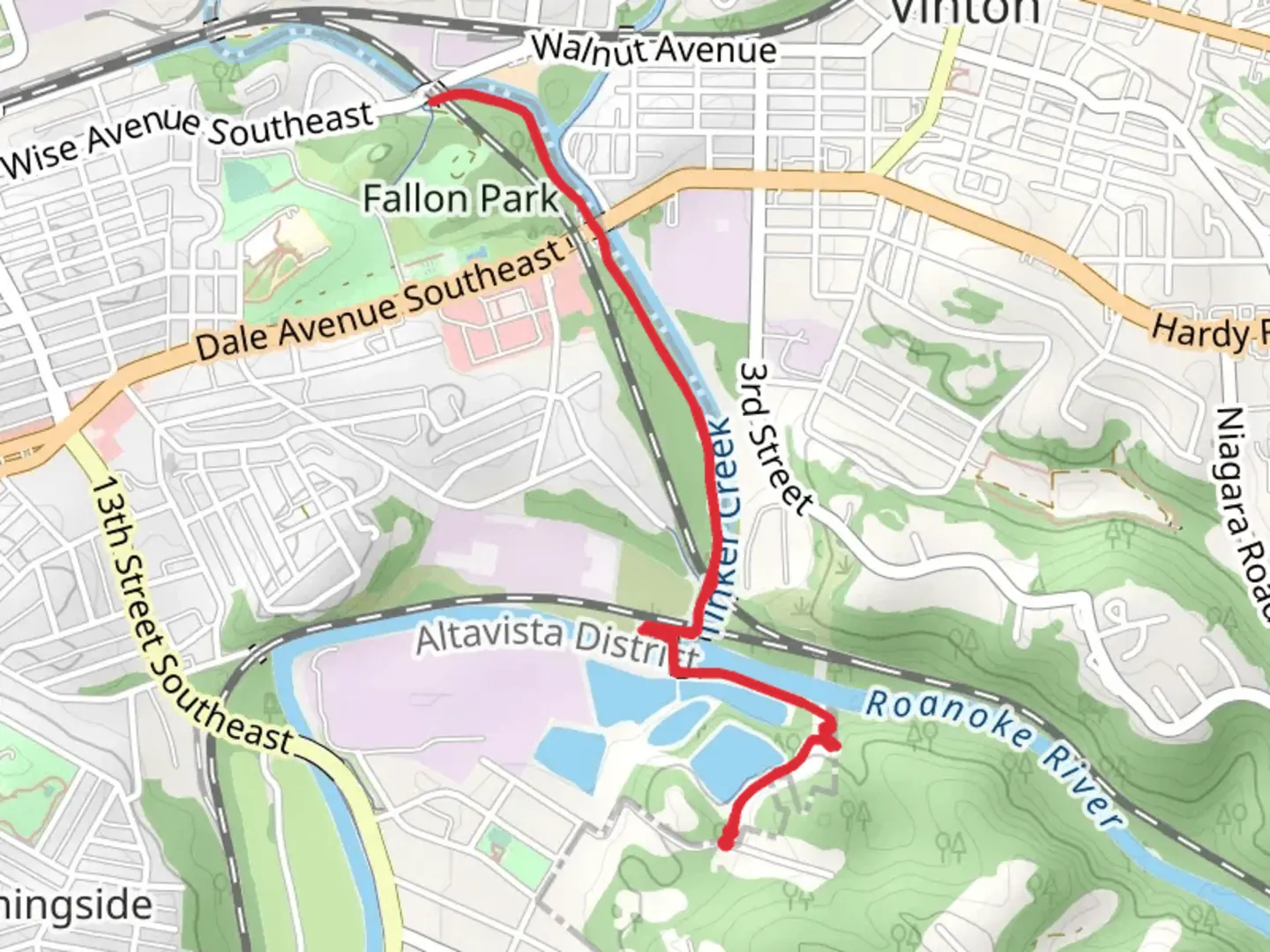An image depicting the trail Roanoke River - Tinker Creek Greenway Trail and its surrounding area.