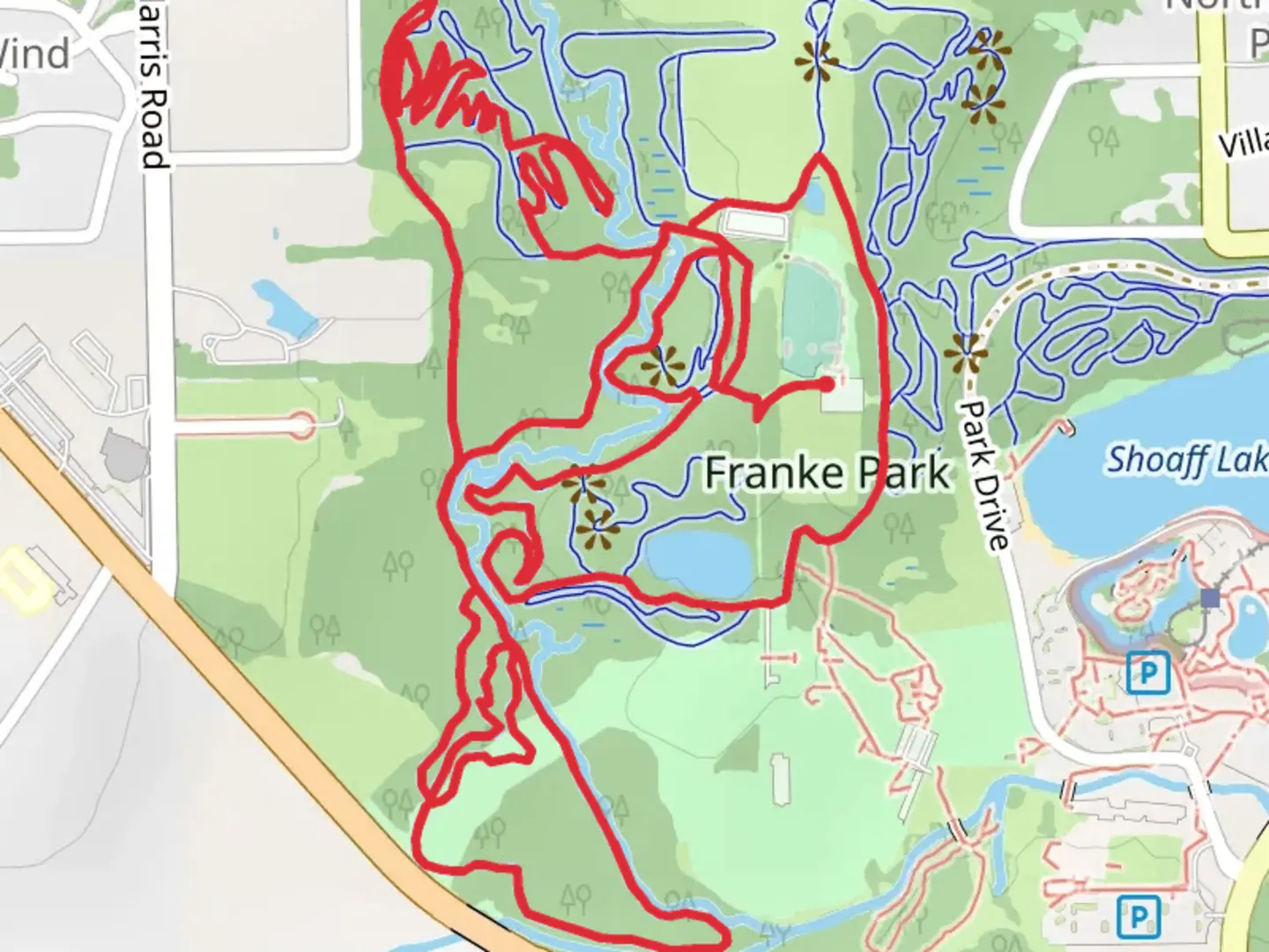 An image depicting the trail FRanke Park and Frog Pond Loop and its surrounding area.