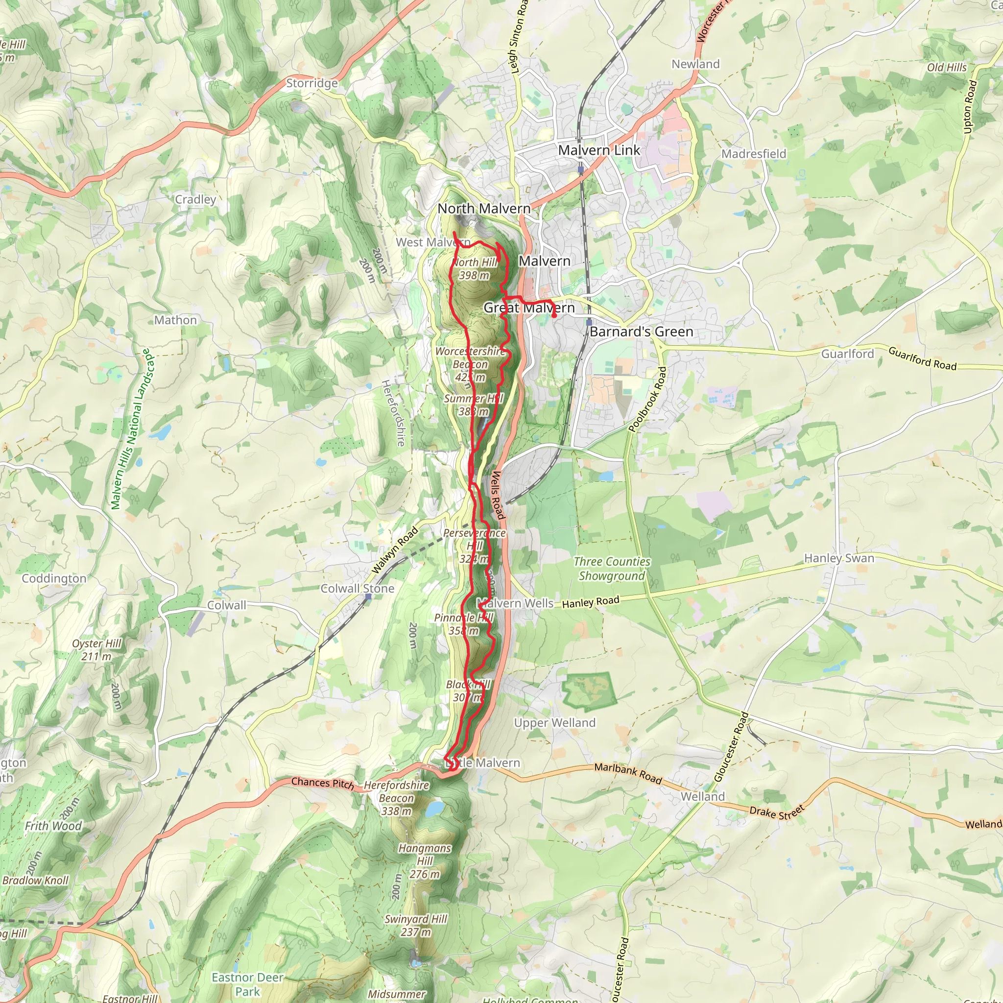 End Hill, Sugarloaf Hill, Worcestershire Beacon and Summer hill via Three Choirs Way mobile static map