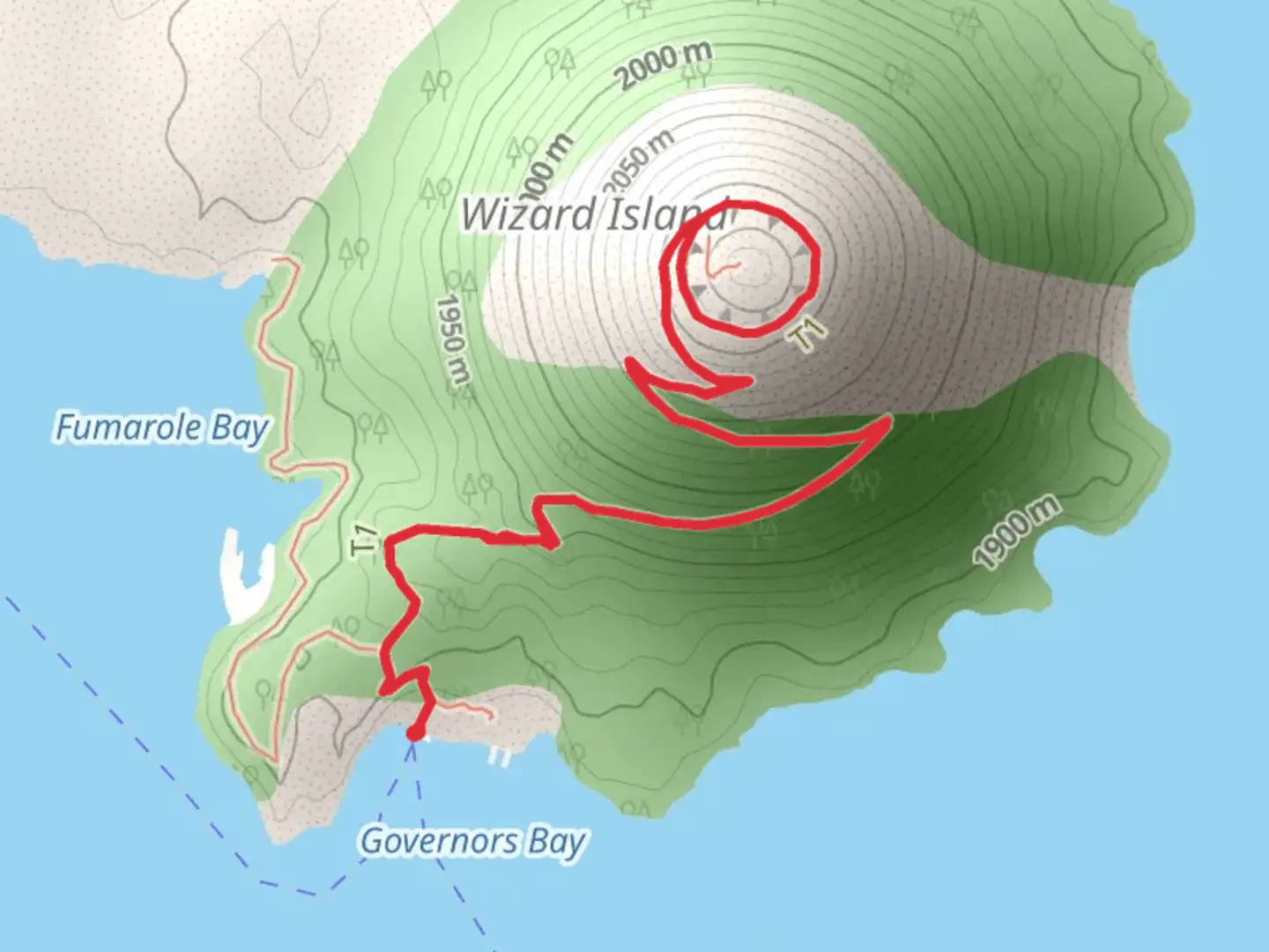 An image depicting the trail Wizard Island - Summit Trail and its surrounding area.
