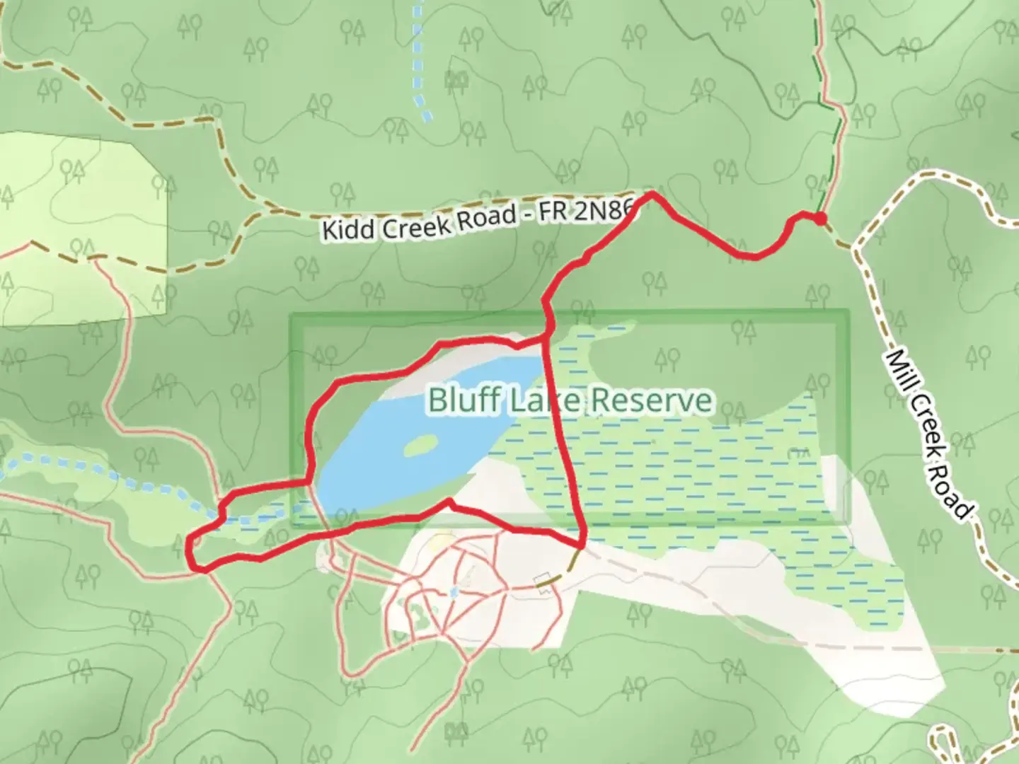 An image depicting the trail Bluff Lake Loop and its surrounding area.