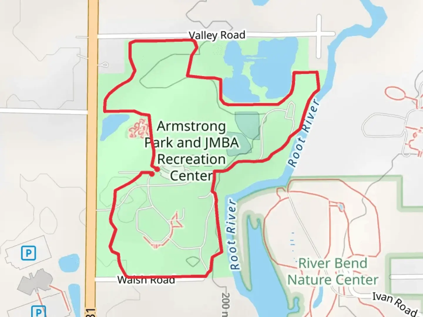 An image depicting the trail Armstrong Park and JMBA Recreation Center Loop and its surrounding area.