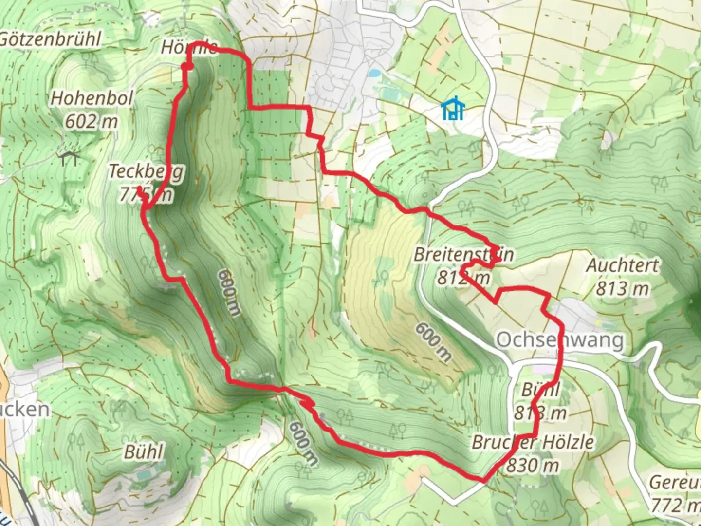 An image depicting the trail Breitenstein and Teckberg via Hochgehadelt and its surrounding area.