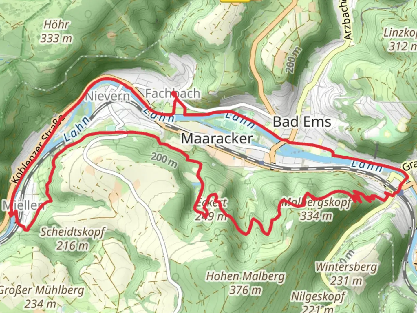 An image depicting the trail Fachbach Loop via Predigstuhl and Lahn and its surrounding area.