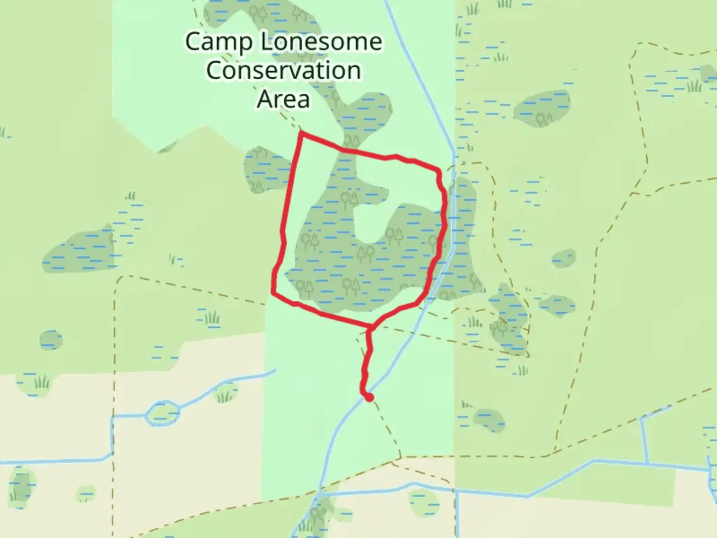 An image depicting the trail Camp Lonesome Conservation Area Loop and its surrounding area.