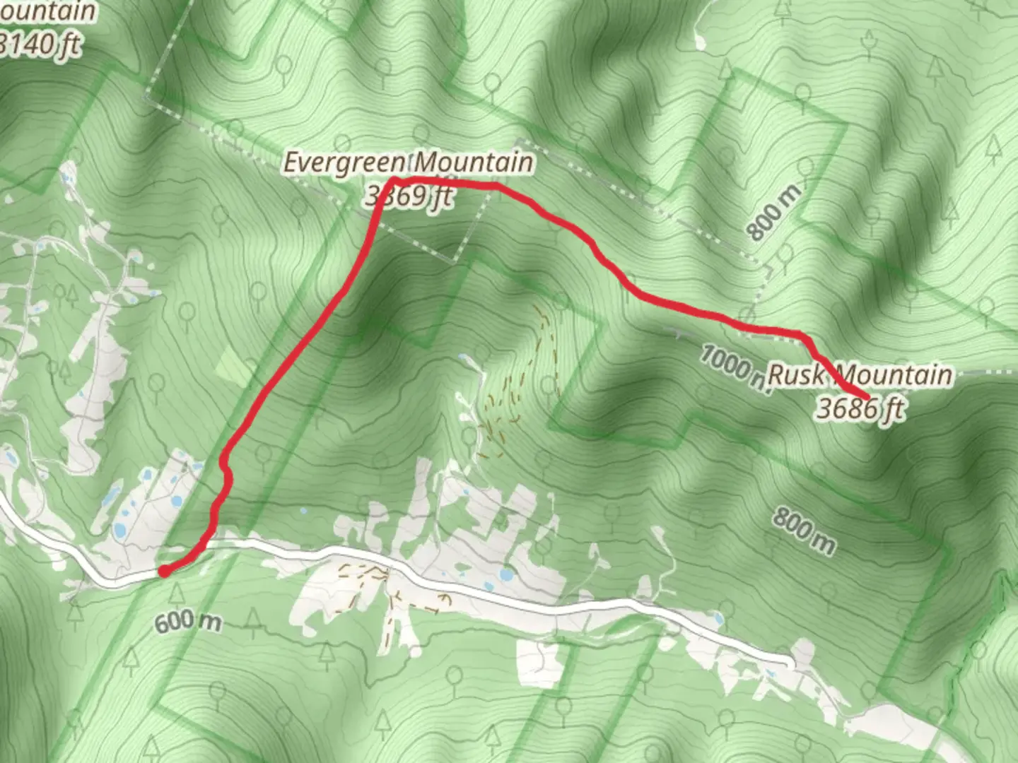 An image depicting the trail Evergreen Mountain and Rusk Mountain Trail and its surrounding area.