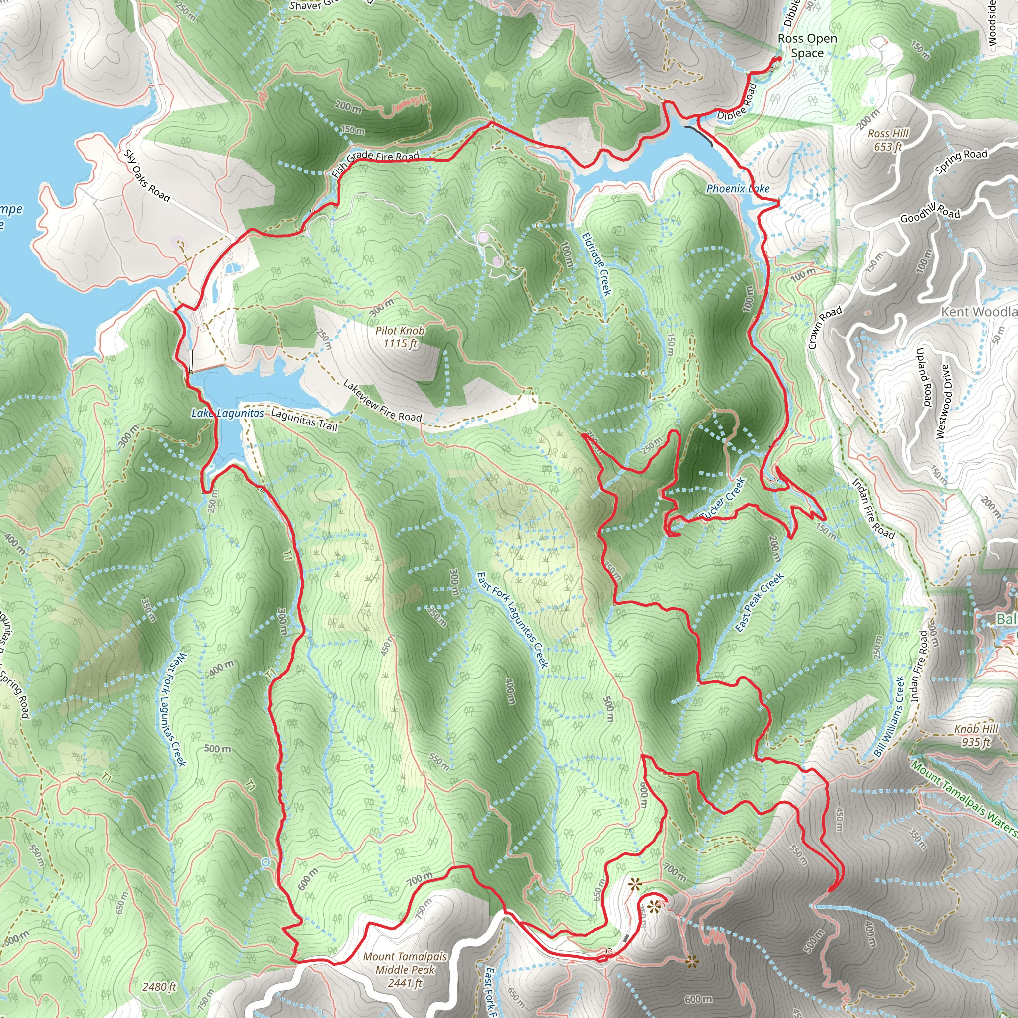 Phoenix Lake, Lake Lagunitas and Mount Tamalpais East Peak Loop mobile static map
