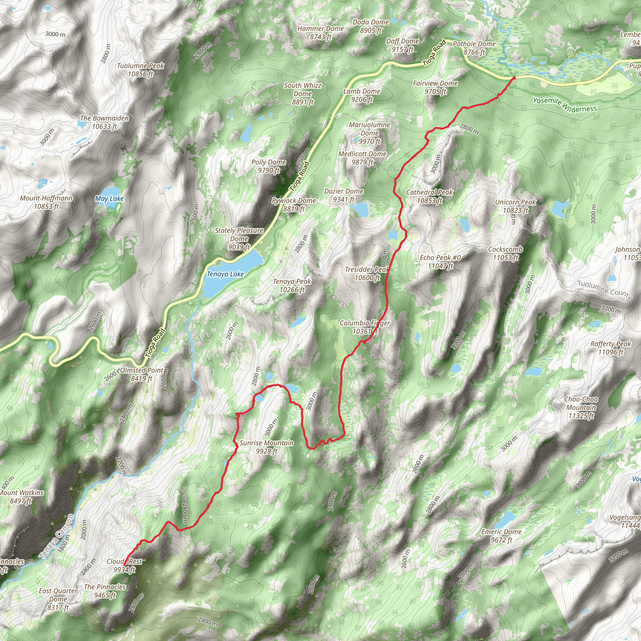 Clouds Rest and Sunrise Lakes via John Muir Trail mobile static map