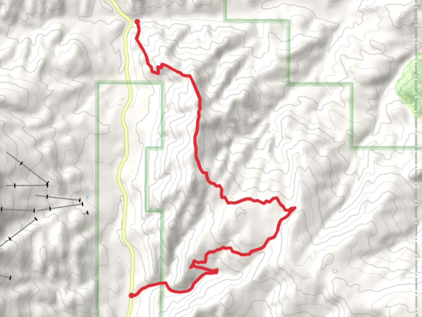 An image depicting the trail Bangtail Divide Trail and Olson Creek Road and its surrounding area.