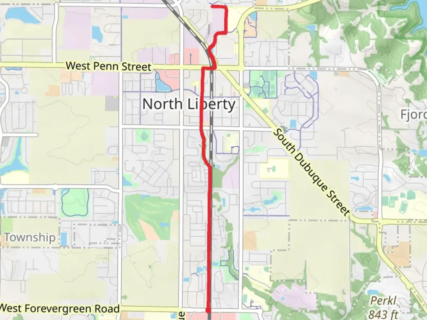 An image depicting the trail North Liberty Trail from West Forevergreen Road and its surrounding area.