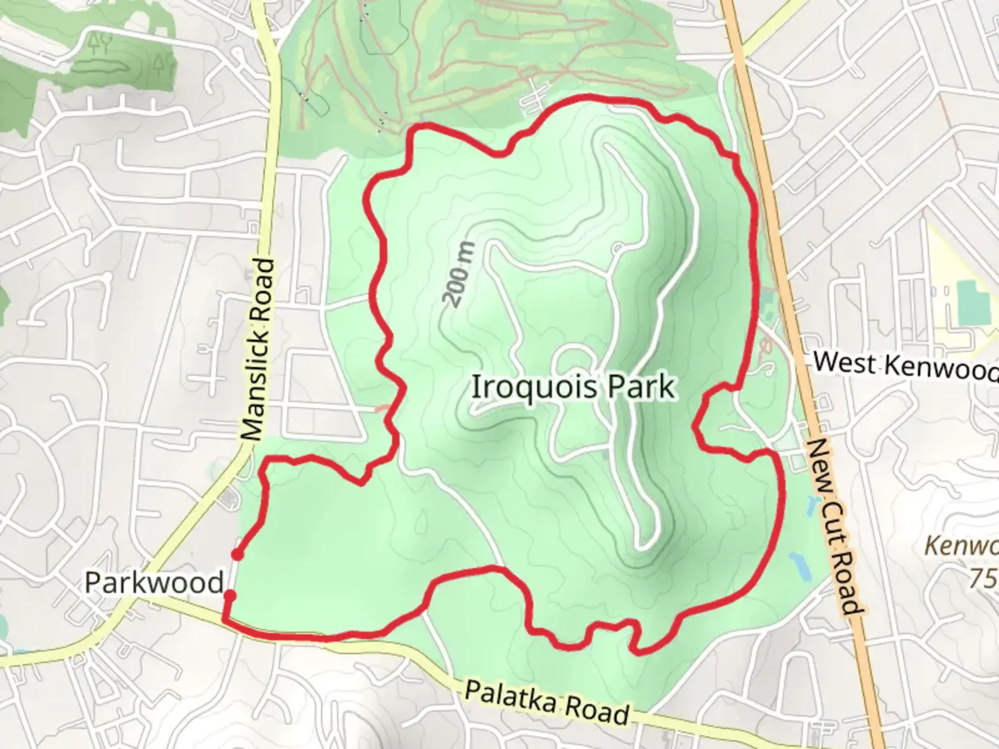 An image depicting the trail Iroquois Park Loop - Long and its surrounding area.