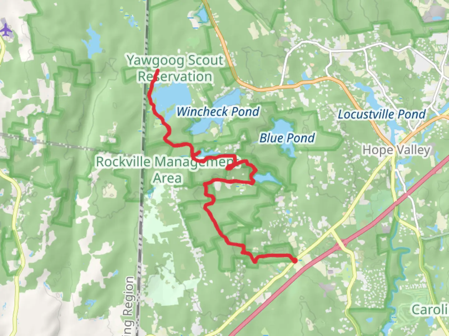 An image depicting the trail Yawgoog, Long, Ashville Ponds and its surrounding area.