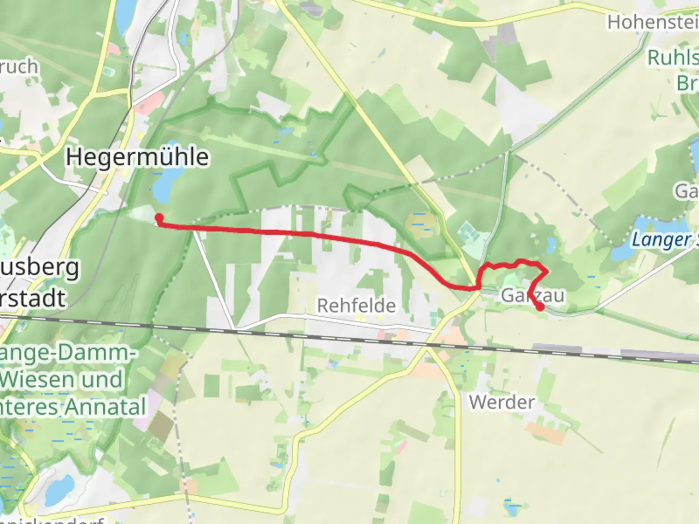 An image depicting the trail Garzau to Hegermuehle via Strausberg Buckow and its surrounding area.