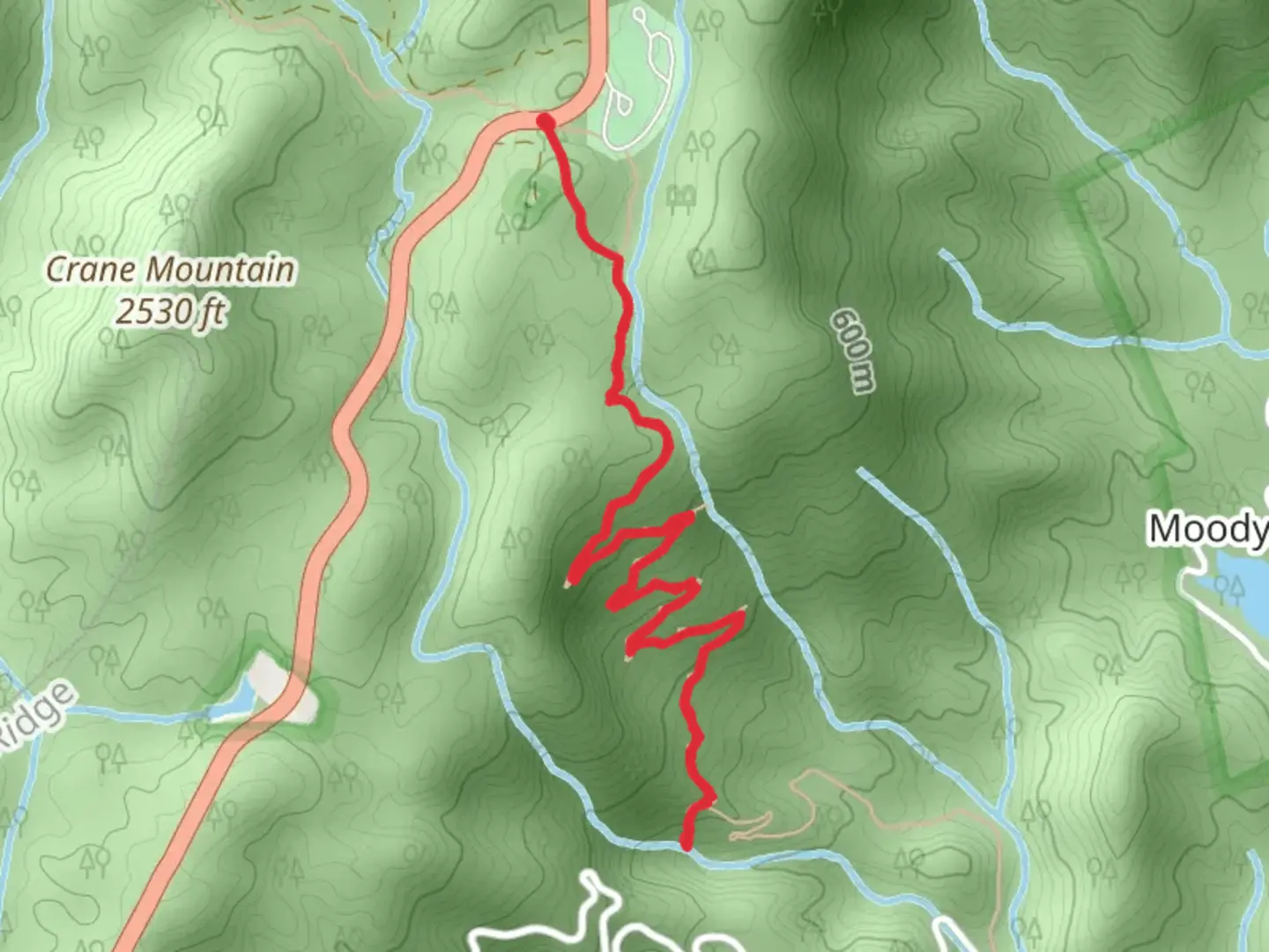 An image depicting the trail Secret Falls via Winding Stairs Trail and its surrounding area.