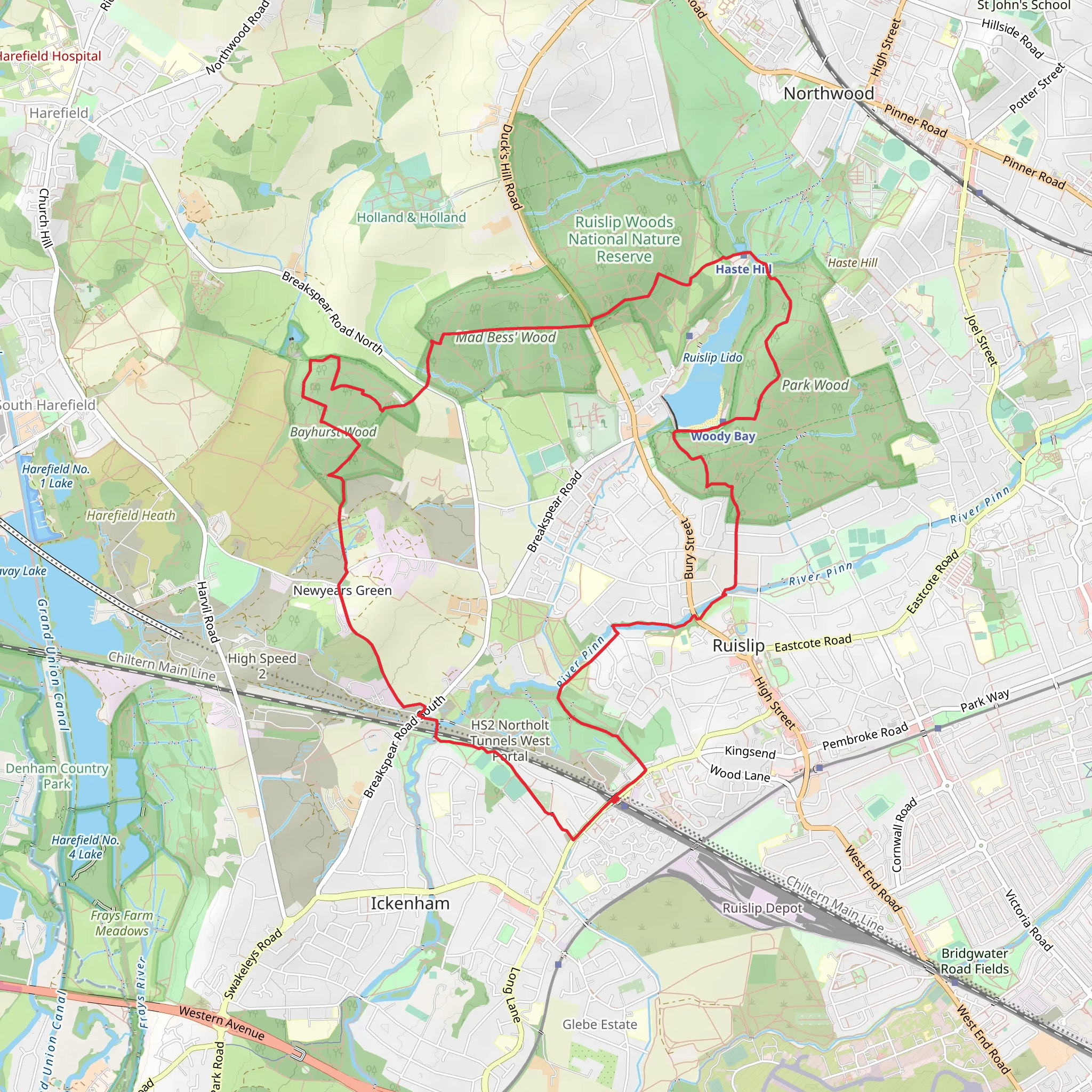 Bayhurst Wood, Mad Bess Wood and Ruislip Lido via Hillingdon Trail mobile static map