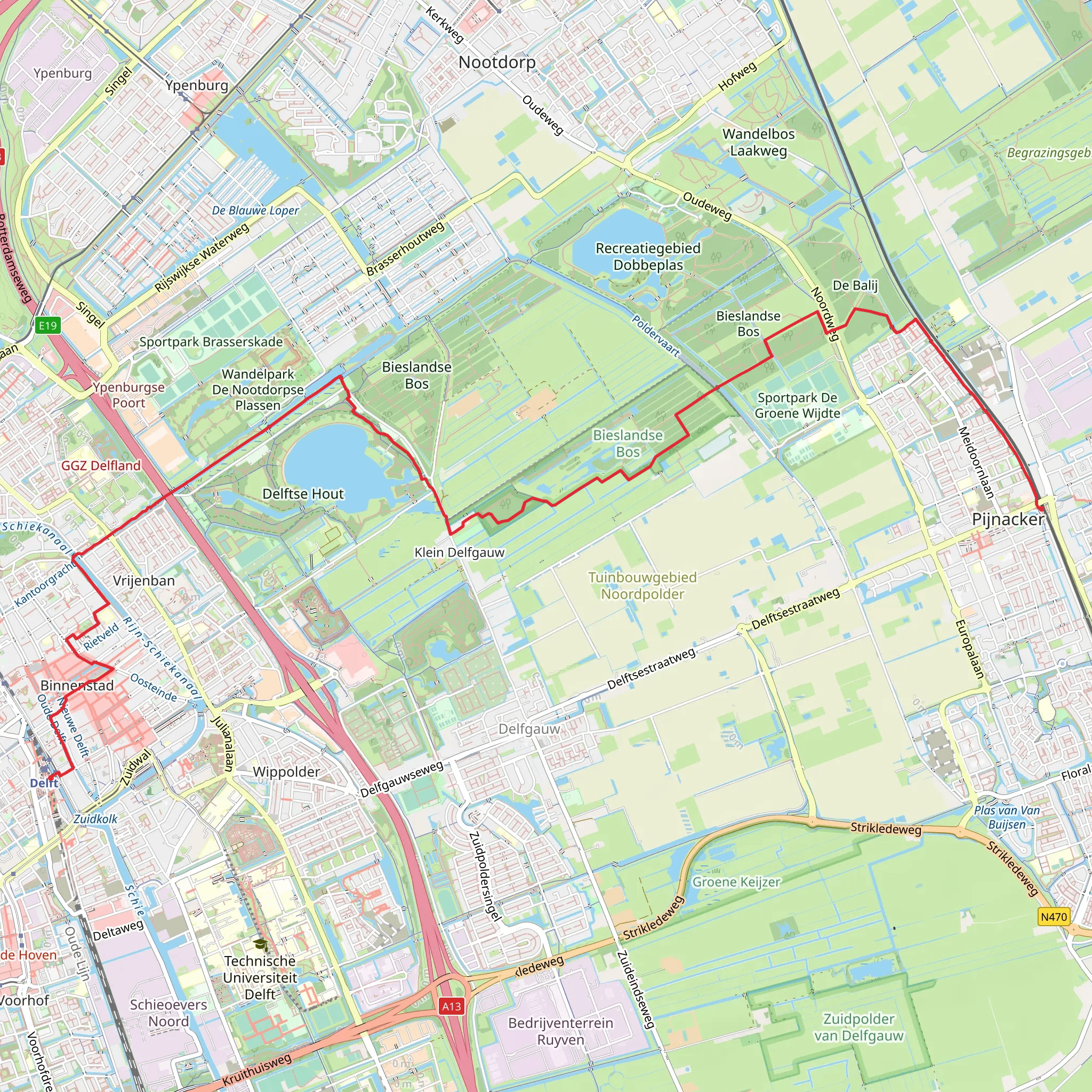 Pijnacker Centrum to Delft via Buytenhout and De Grote Plas mobile static map