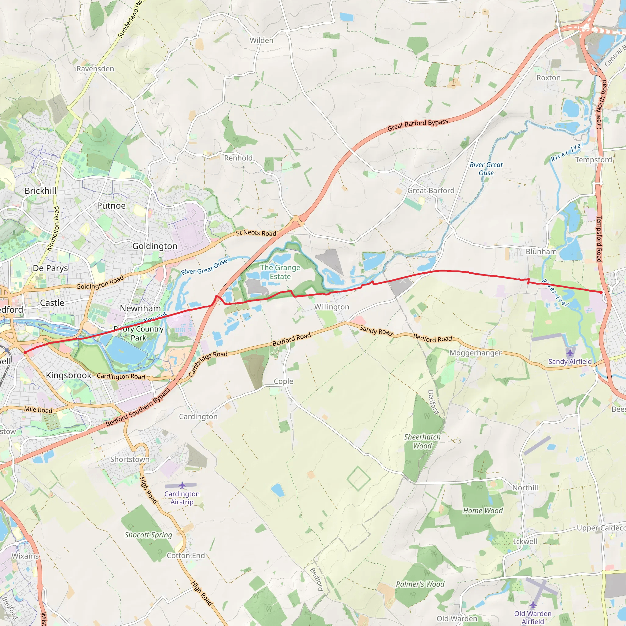 Bedford to Sandy mobile static map