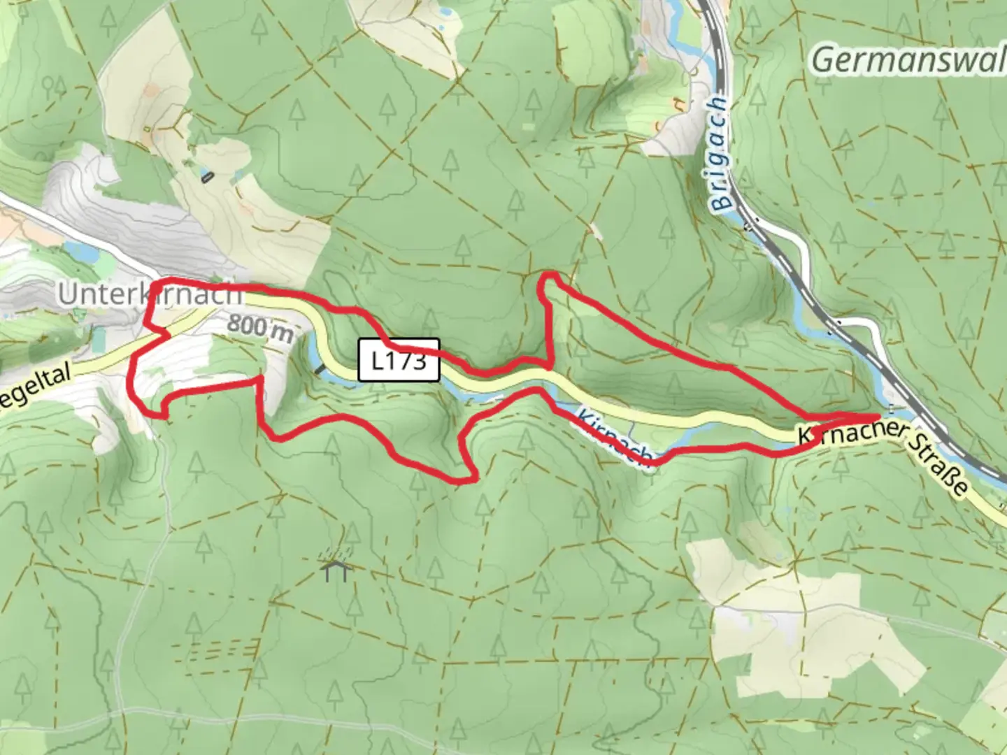 An image depicting the trail Ruine Kirnegg, Klosterfriedhof Maria Tann and River Kirnach Loop and its surrounding area.