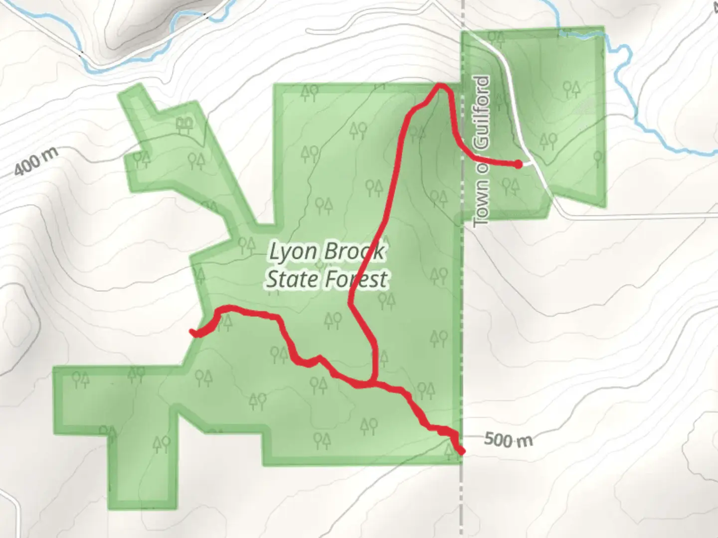 An image depicting the trail Lyon Brook Out and Back and its surrounding area.