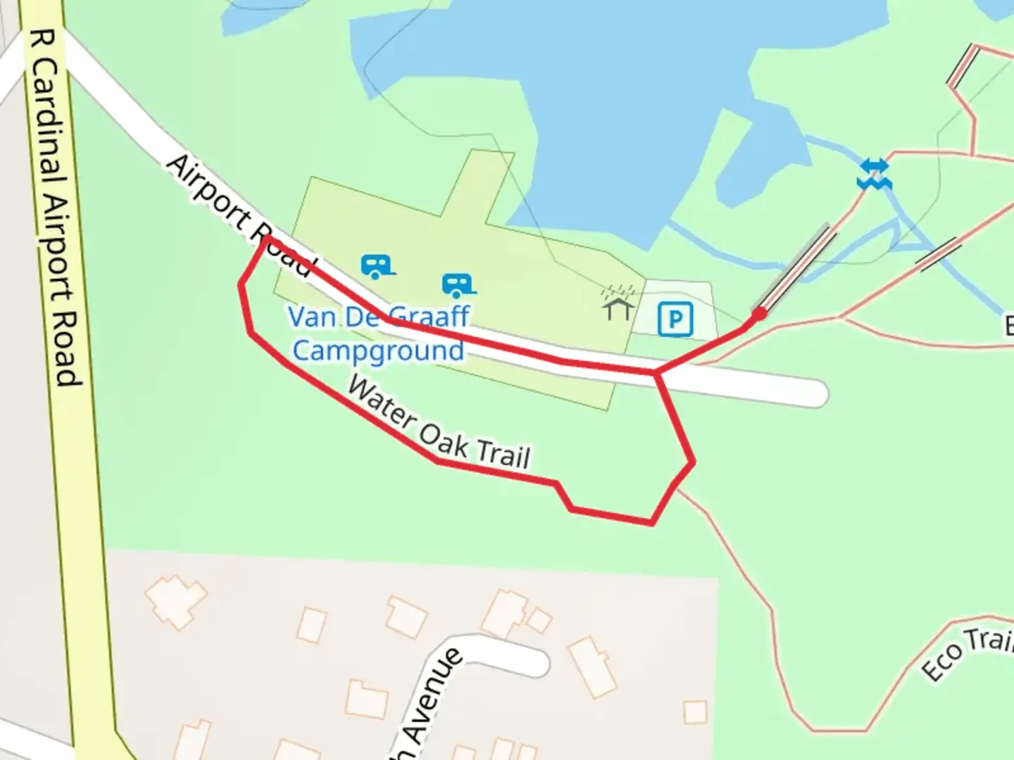 An image depicting the trail Water Oak Trail and Muti-purpose Trail Loop and its surrounding area.