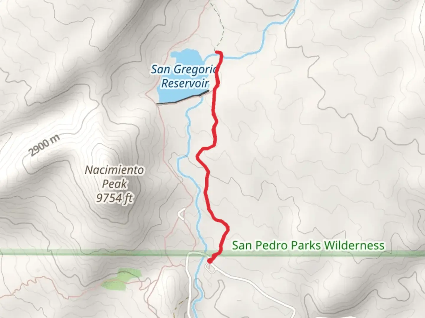 An image depicting the trail San Gregorio Reservoir and Clear Creek via Las Vacas Trail and its surrounding area.