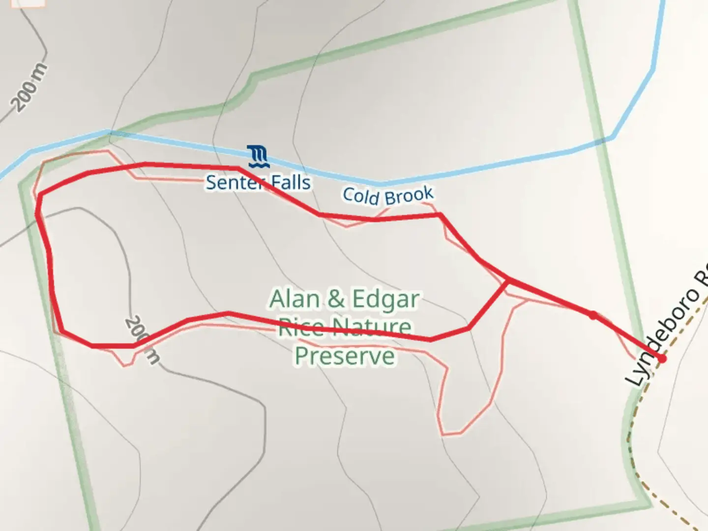 An image depicting the trail Cold Brook Loop from Lyndeboro Road and its surrounding area.