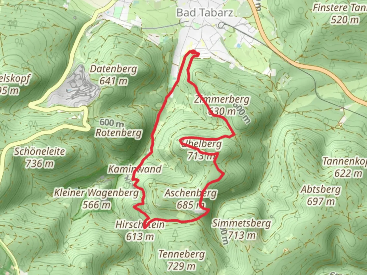 An image depicting the trail Kaminwand via Bad Tabarzer Vulkansteig and Gipfel und Aussichtstour and its surrounding area.