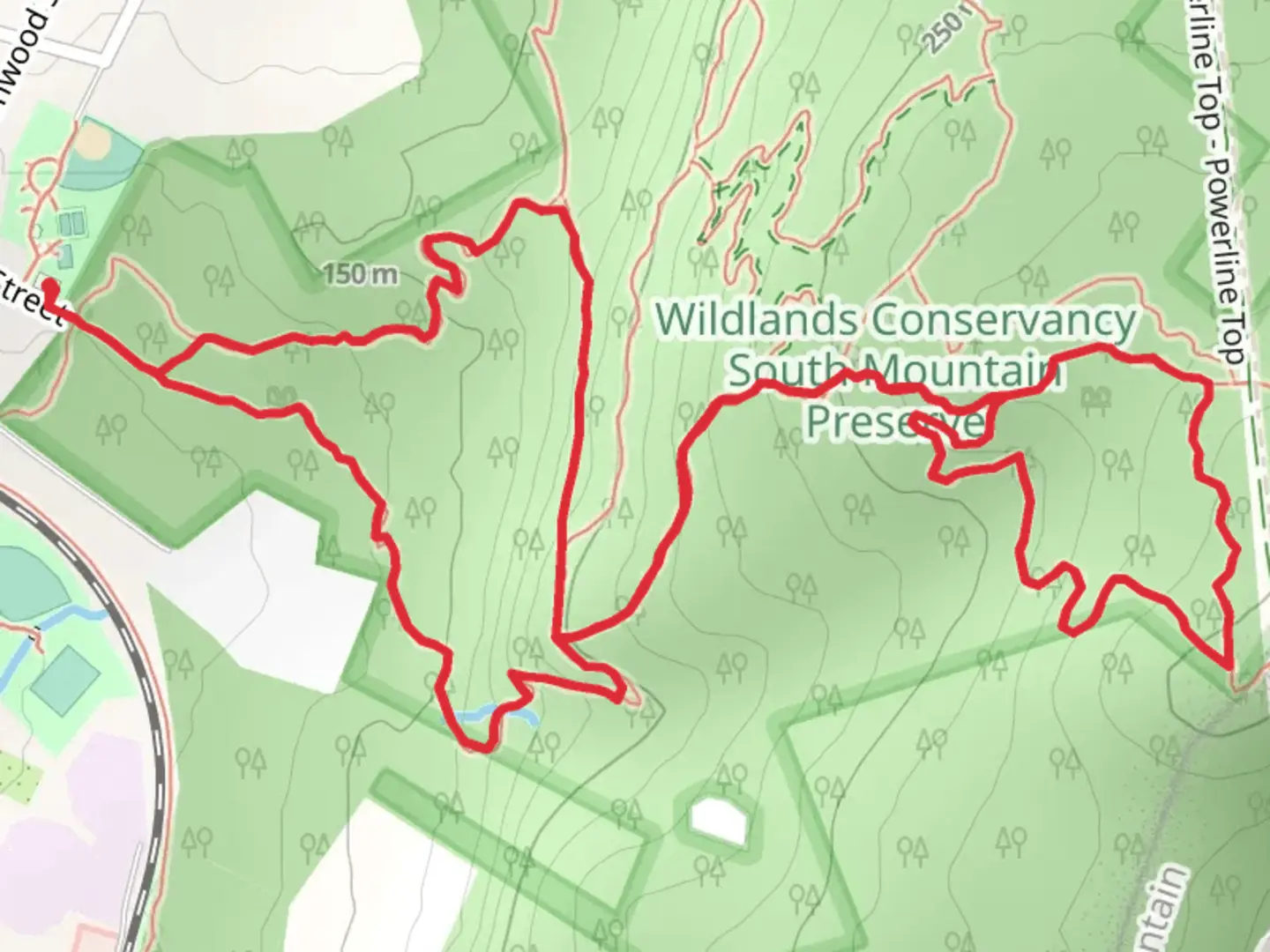 An image depicting the trail Orange - Alpine Street, Yellow Mountain Top and Blue Uplands Loop and its surrounding area.