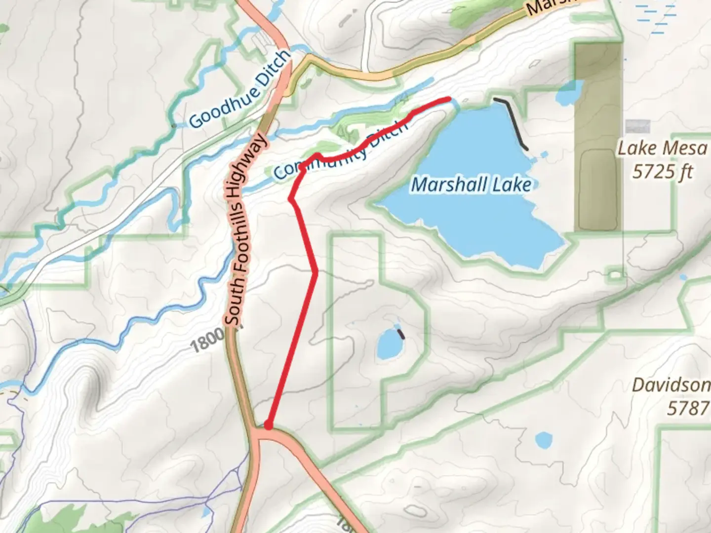 An image depicting the trail Marshall Lake and Community Ditch via Greenbelt Plateau Trailh and its surrounding area.