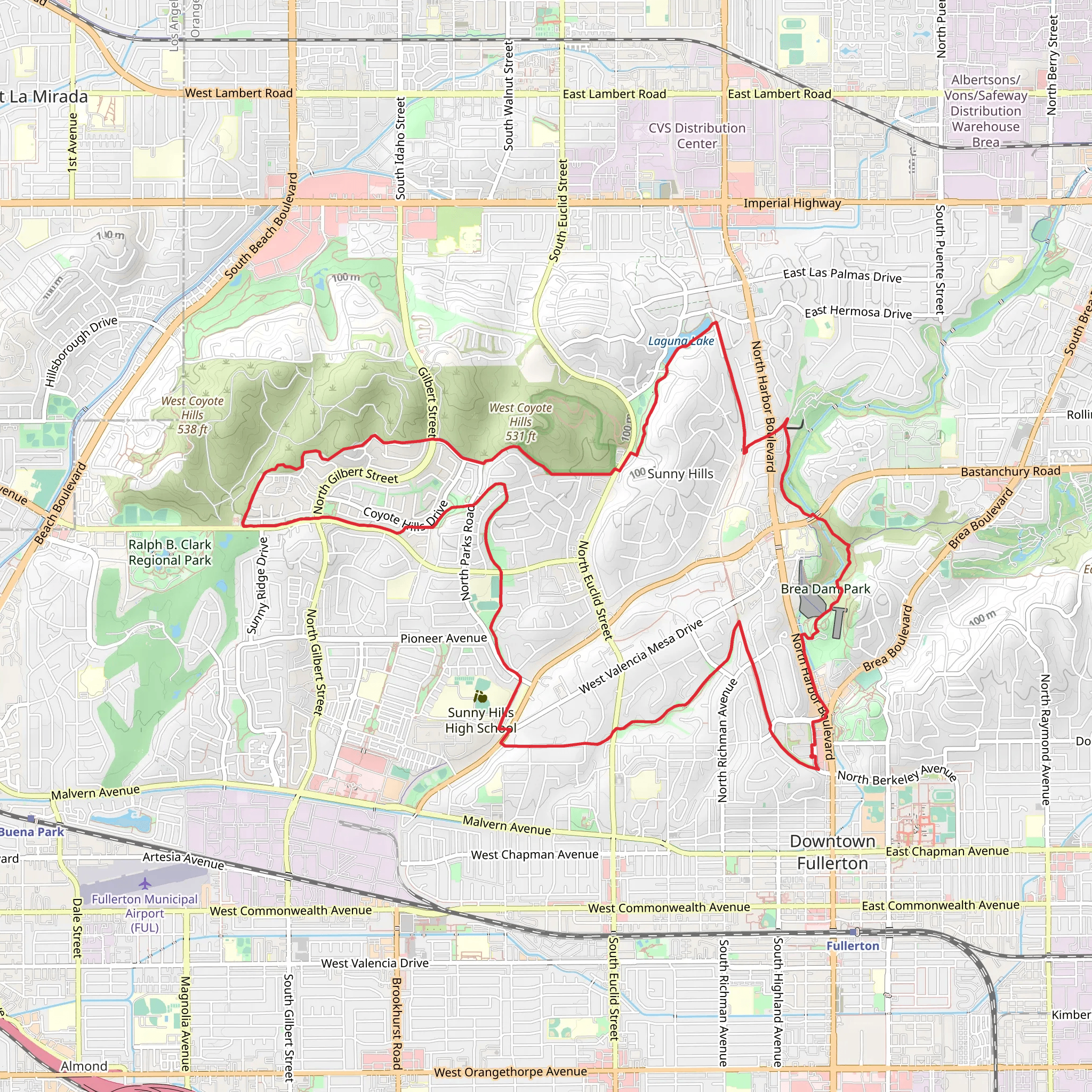 Hiltscher Park, Rosecrans, Nora Kuttner and Brea Dam Loop Trail mobile static map