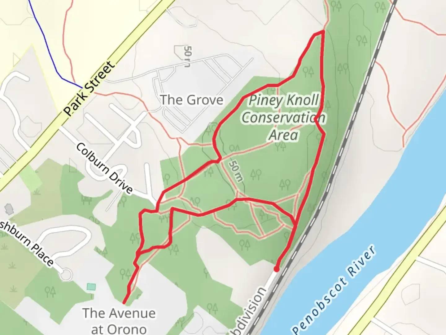 An image depicting the trail Orono Land Trust Piney Knoll Trail Loop and its surrounding area.