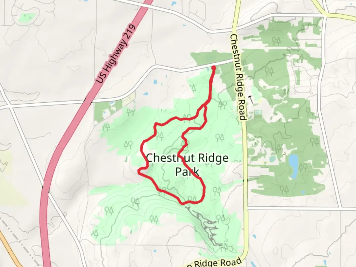 An image depicting the trail Chestnut Ridge Park via Ward Hill Walkway and its surrounding area.