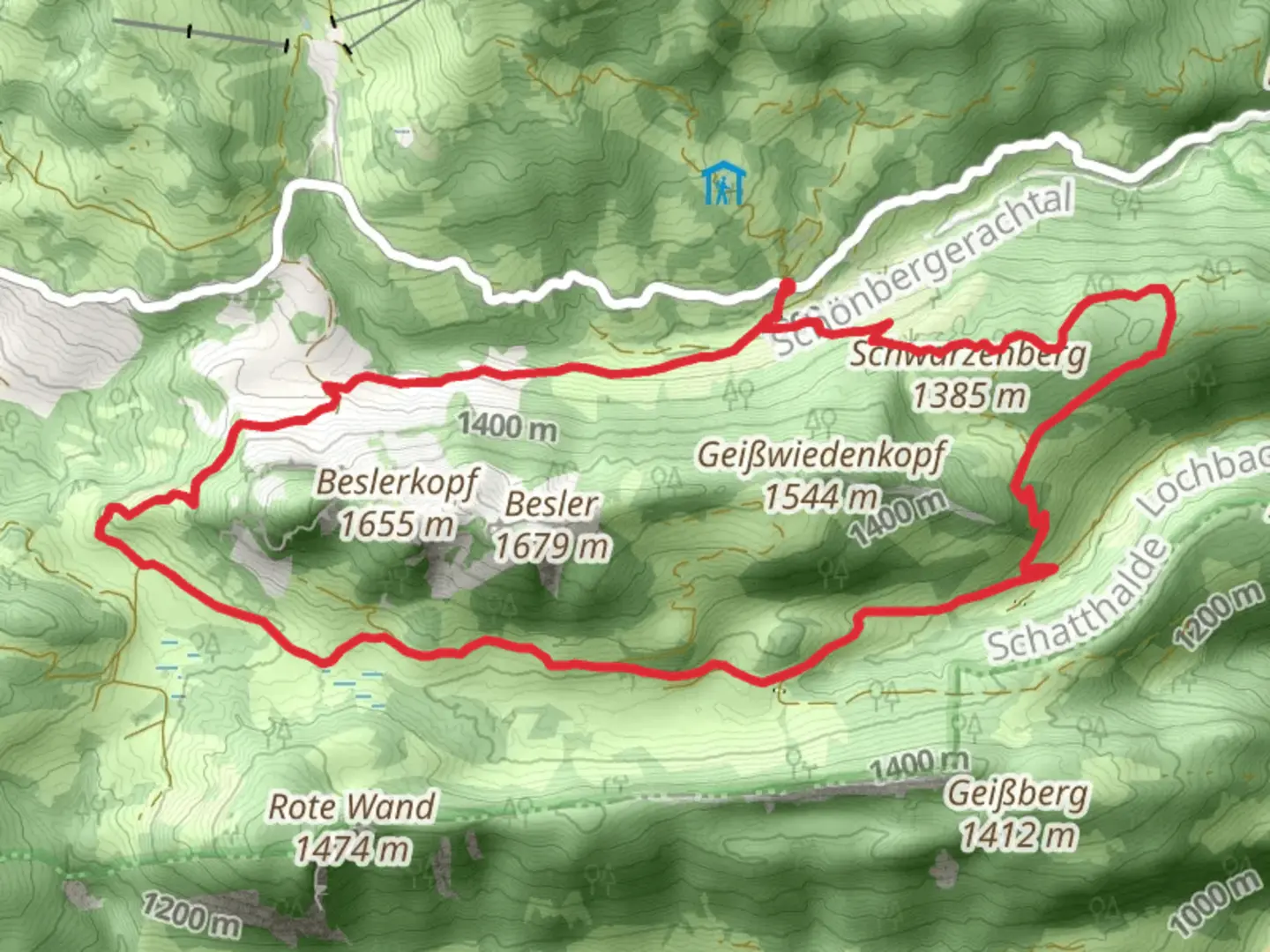 An image depicting the trail Schönberg-Alpe and Schwarzenberg Loop via Beslerrunde and its surrounding area.