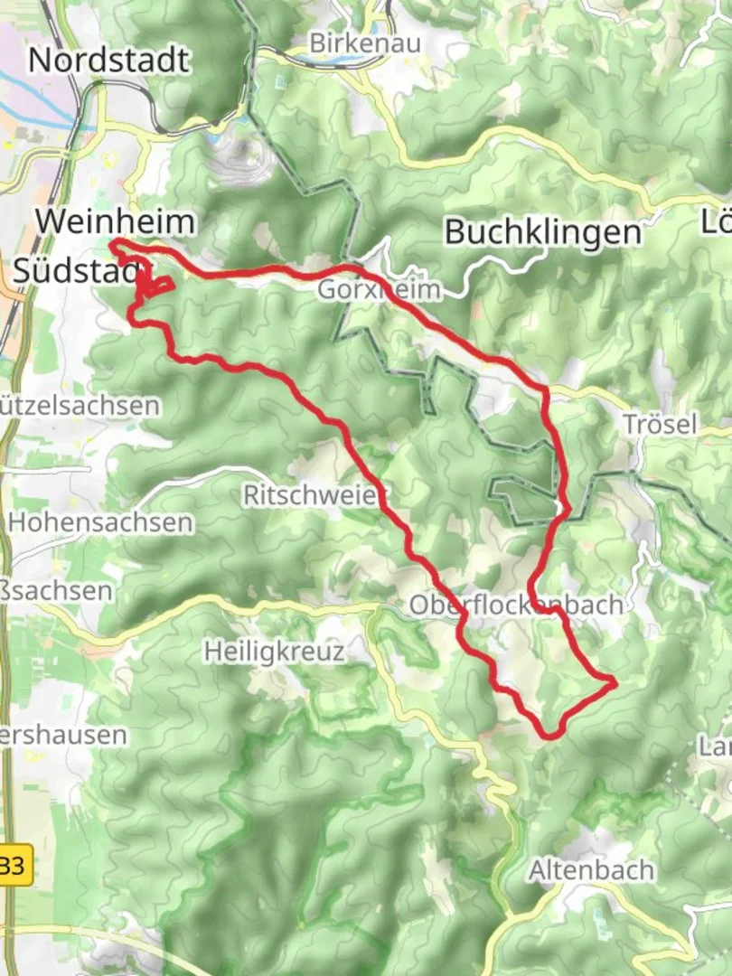 An image depicting the trail Weinheim and Oberflockenbach Loop and its surrounding area.