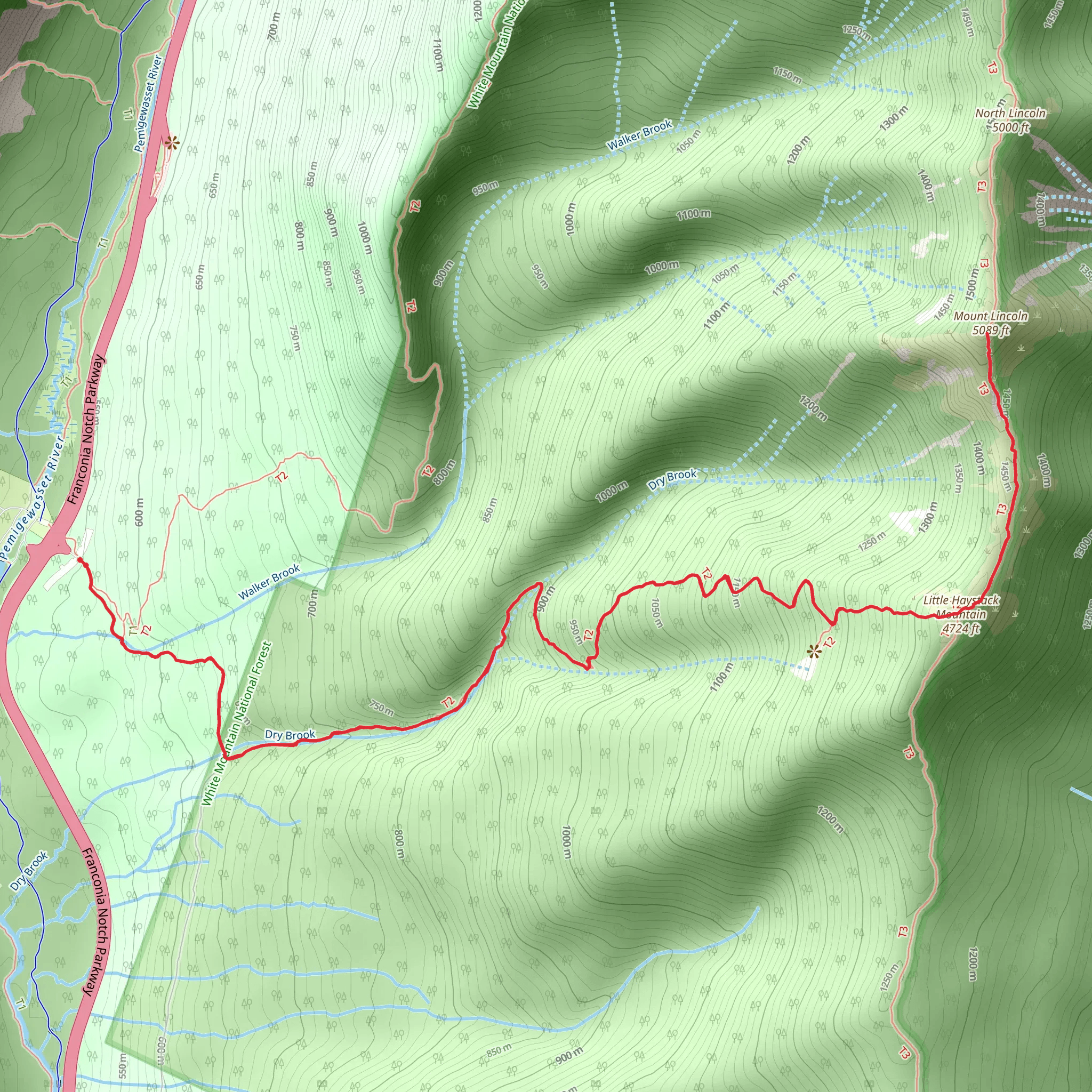 Little Haystack Mountain and Mount Lincoln via Falling Waters Trail mobile static map