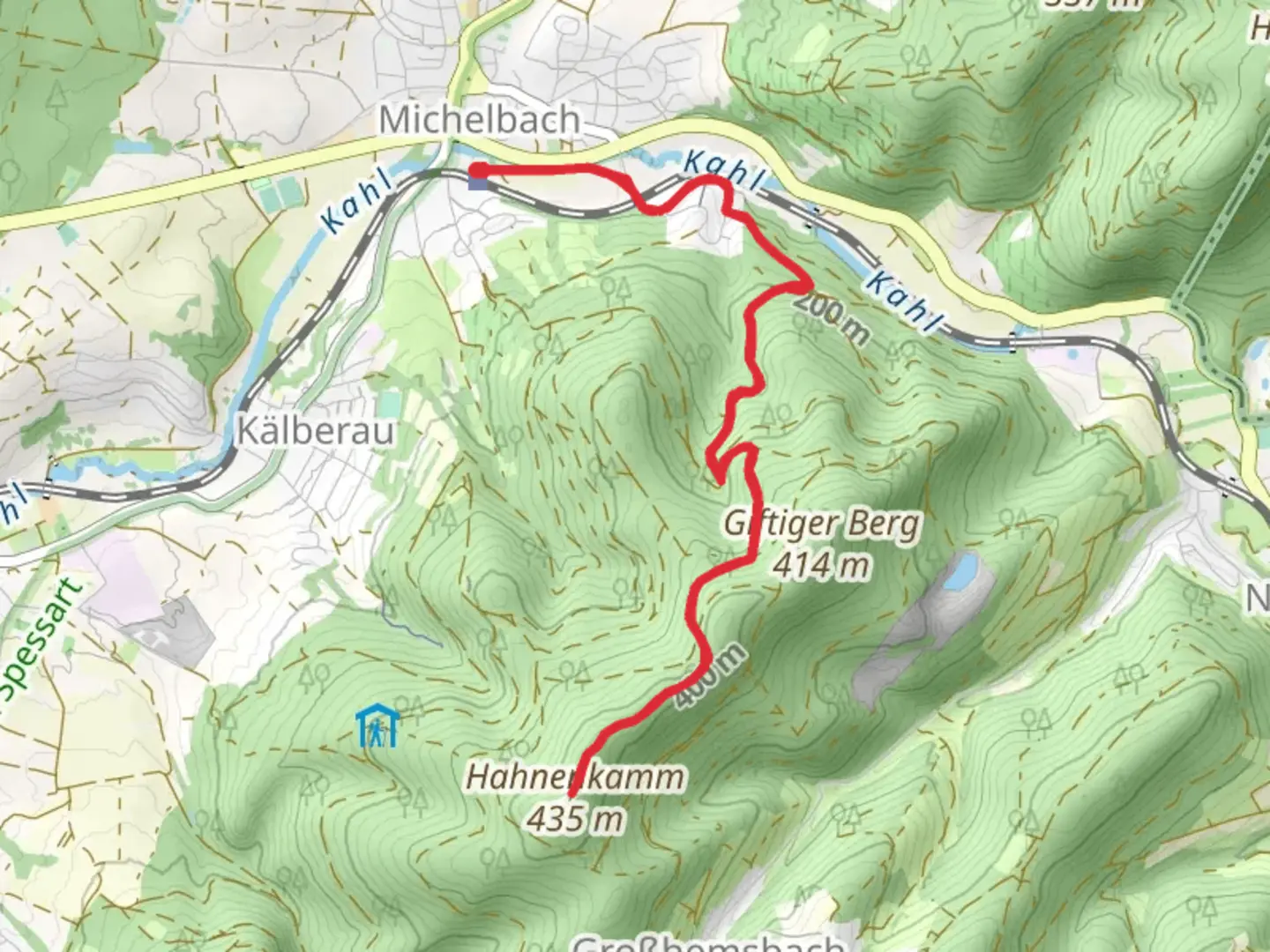 An image depicting the trail Hahnenkamm via Kulturweg Alzenau and its surrounding area.
