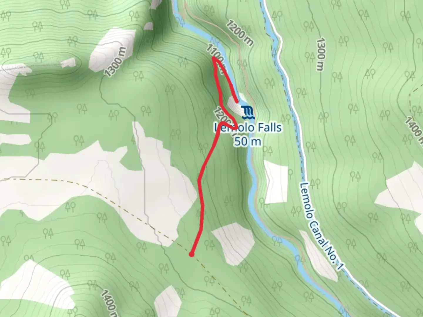 An image depicting the trail Lemolo Falls and its surrounding area.